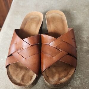 Yokono Brown Leather Sandle Wedge Made In Spain Womens Size 7.5